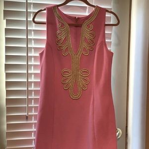 LILLY PULITZER JANICE Shift Dress in Hotty Pink and Gold, Size Large